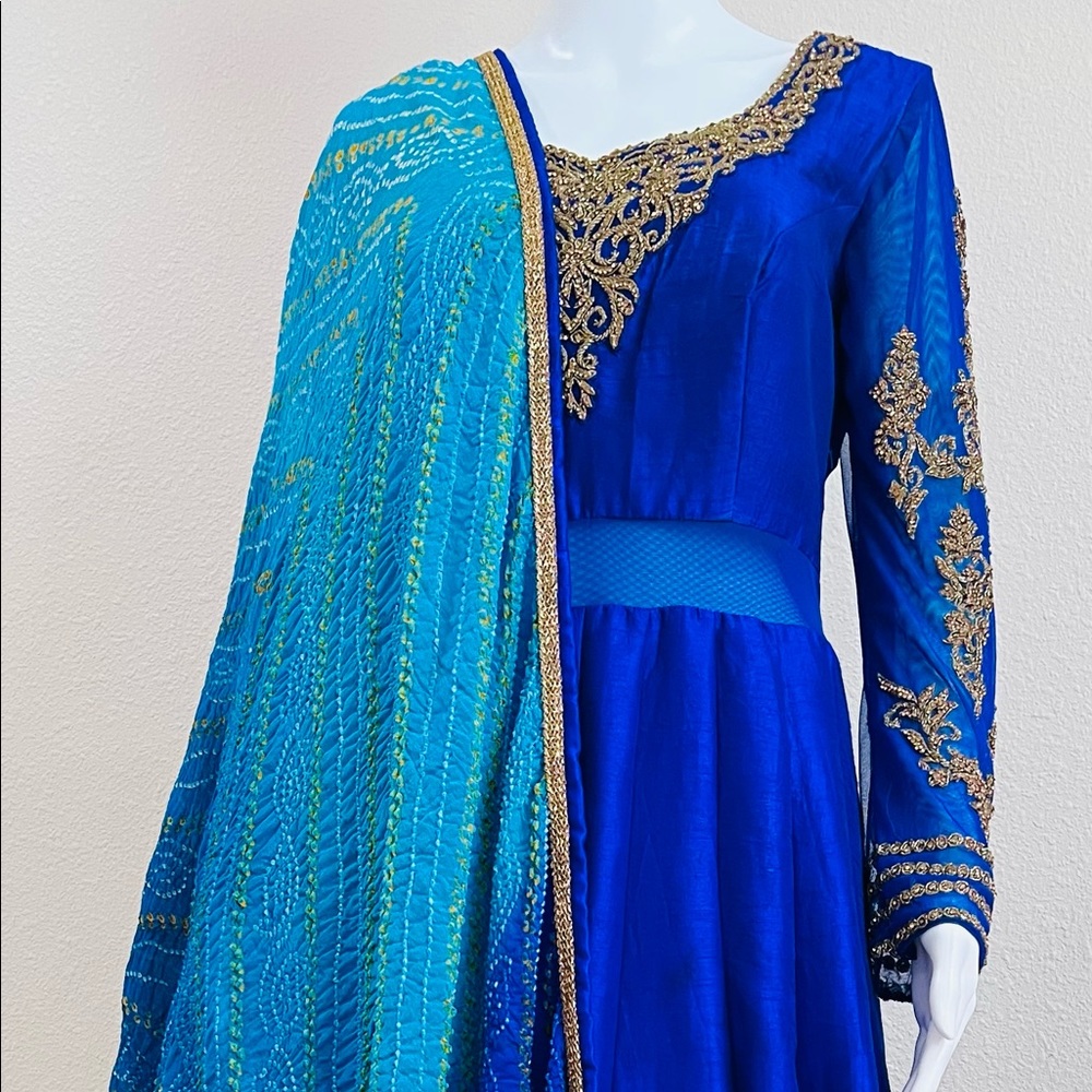 Blue Anarkali gown or dress with bandhani dupatta